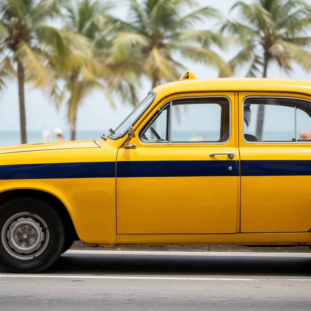 Táxi amarelo do Rio com faixa azul horizontal estacionado à beira-mar
