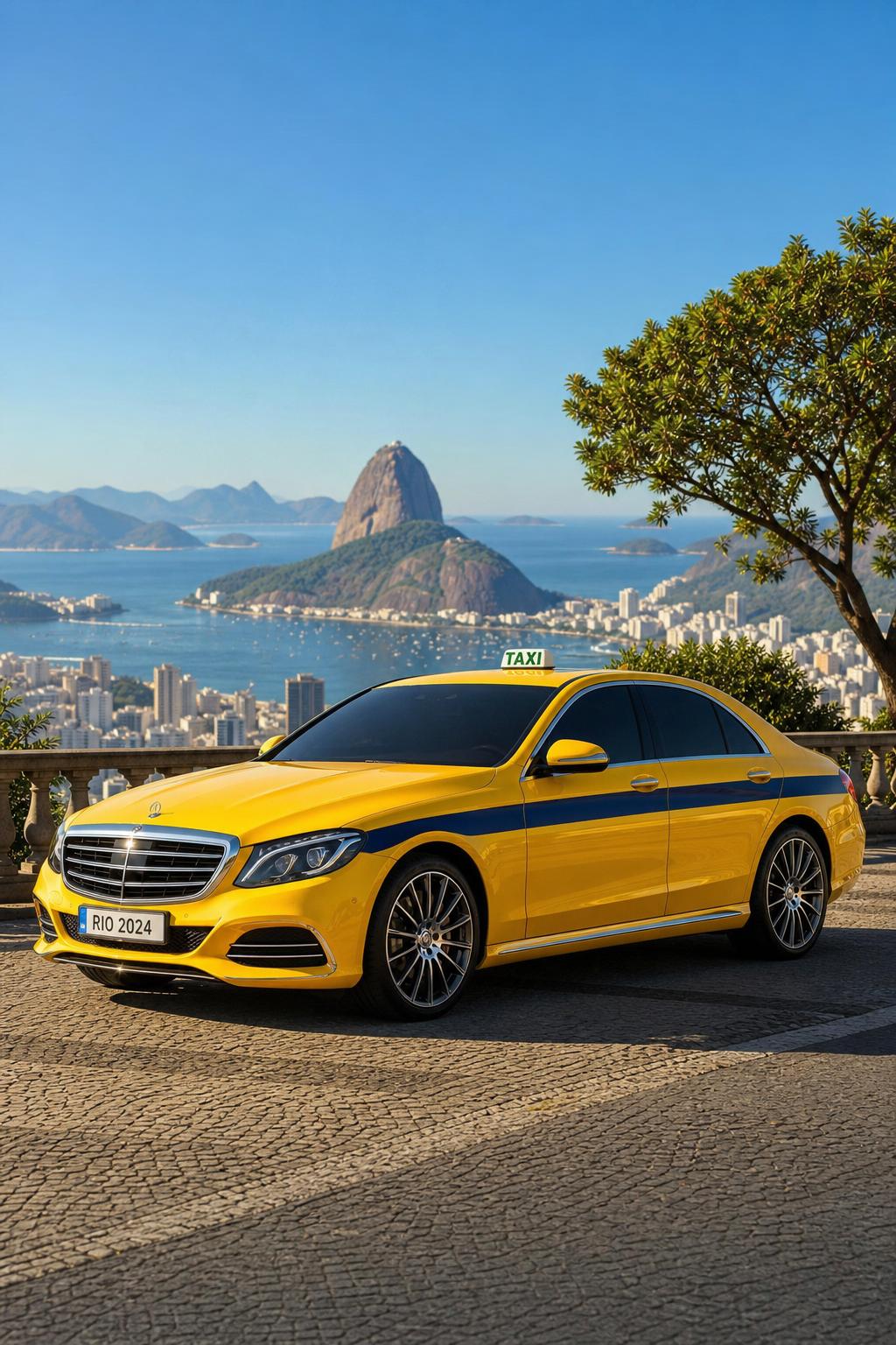 Táxi de luxo amarelo com faixa azul em ponto turístico do Rio de Janeiro